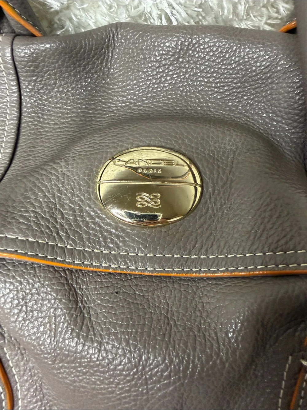 Lancel Taupe Satchel with Orange Accent